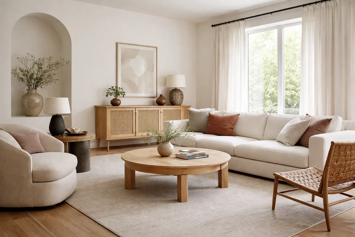 Vardagsrum där möbler och detaljer hålls samman av tydliga proportioner och dämpade färgkontraster, vilket skapar ett lugnt och sammanhängande helhetsintryck.