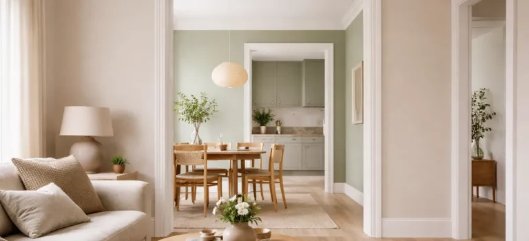 Sammanhängande vy genom vardagsrum, matplats och kök där mjuka, besläktade väggfärger och naturligt ljus skapar helhet och lugna övergångar mellan rummen.