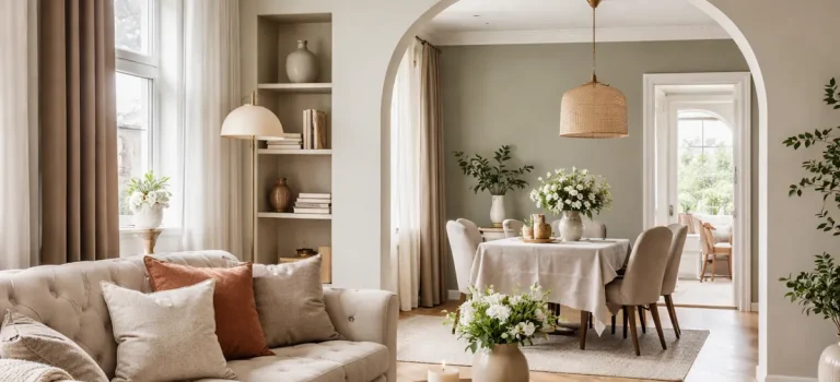 Ljust vardagsrum som övergår i matplats med dämpade väggfärger, neutrala textilier och naturligt ljus som visar hur färgsättning och ljus påverkar helhetskänslan i ett hem.