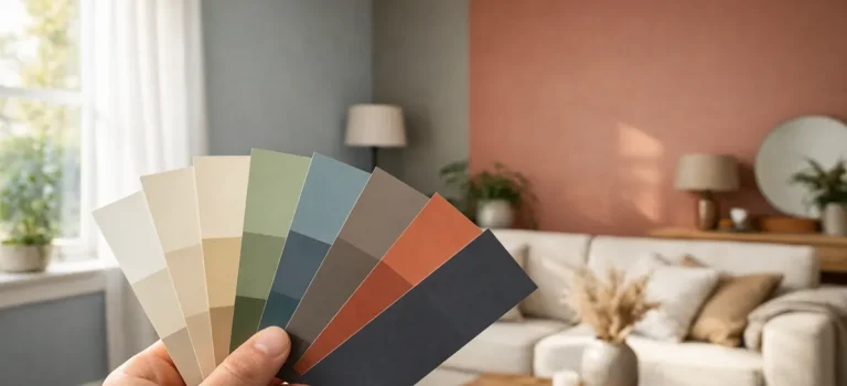 Hand som håller färgprover framför ett ljust vardagsrum där väggfärger, ljusinsläpp och möbler samspelar för att visa hur färg påverkar rummets känsla och helhet.