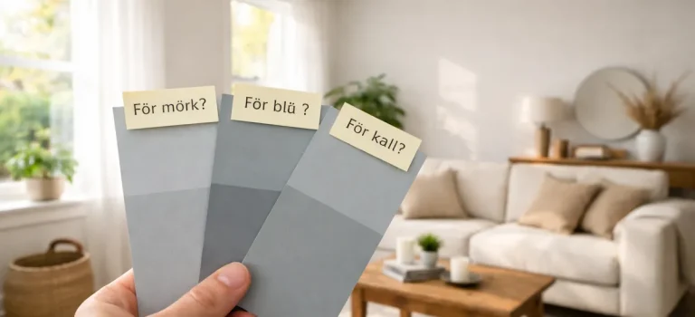 Hand som håller tre färgprover i grå toner framför ett ljust vardagsrum, där dagsljus och inredning visar hur ljus påverkar hur färg upplevs i ett rum.