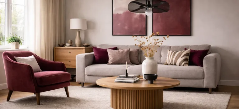 Inredning vardagsrum i burgundytoner med grå soffa, vinröd fåtölj, runt träbord och varm belysning i harmonisk miljö.