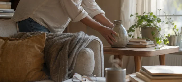 Hur små dagliga vanor långsamt formar ditt hem till något vackrare Kvinna ordnar varsamt en vas på sidobord i vardagsrum med varmt eftermiddagsljus